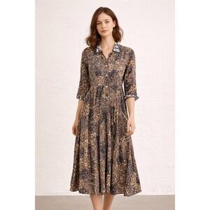 Zoe Vintage Patchwork Paisley Print Brown Button Front Shirt Dress Size M